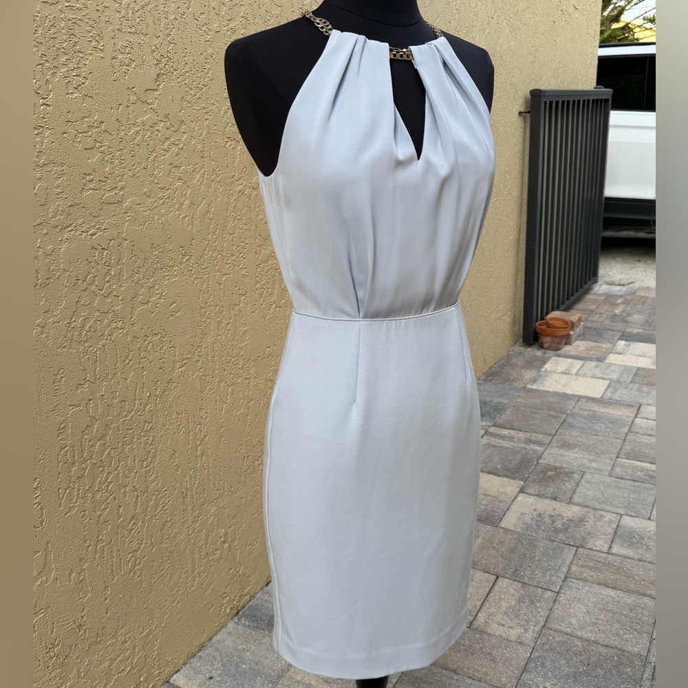 $350 REISS Baby Blue Odessa Halterneck Silver Chain Midi Dress Sz 6
